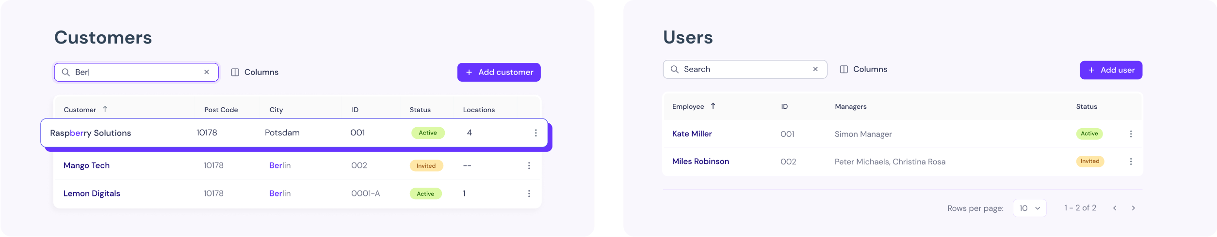 Examples of the table component in usage within the web app features.