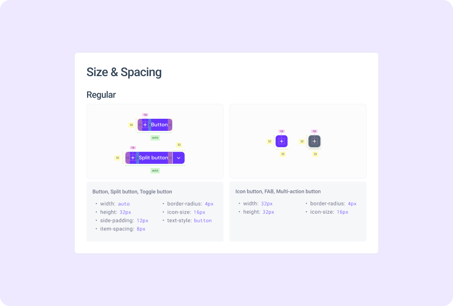 Snapshot of the Button Size & Spacing guidelines, showcasing properties such as width, height, spacing, border radius, and text styles for ensuring consistent sizing and spacing across button components.