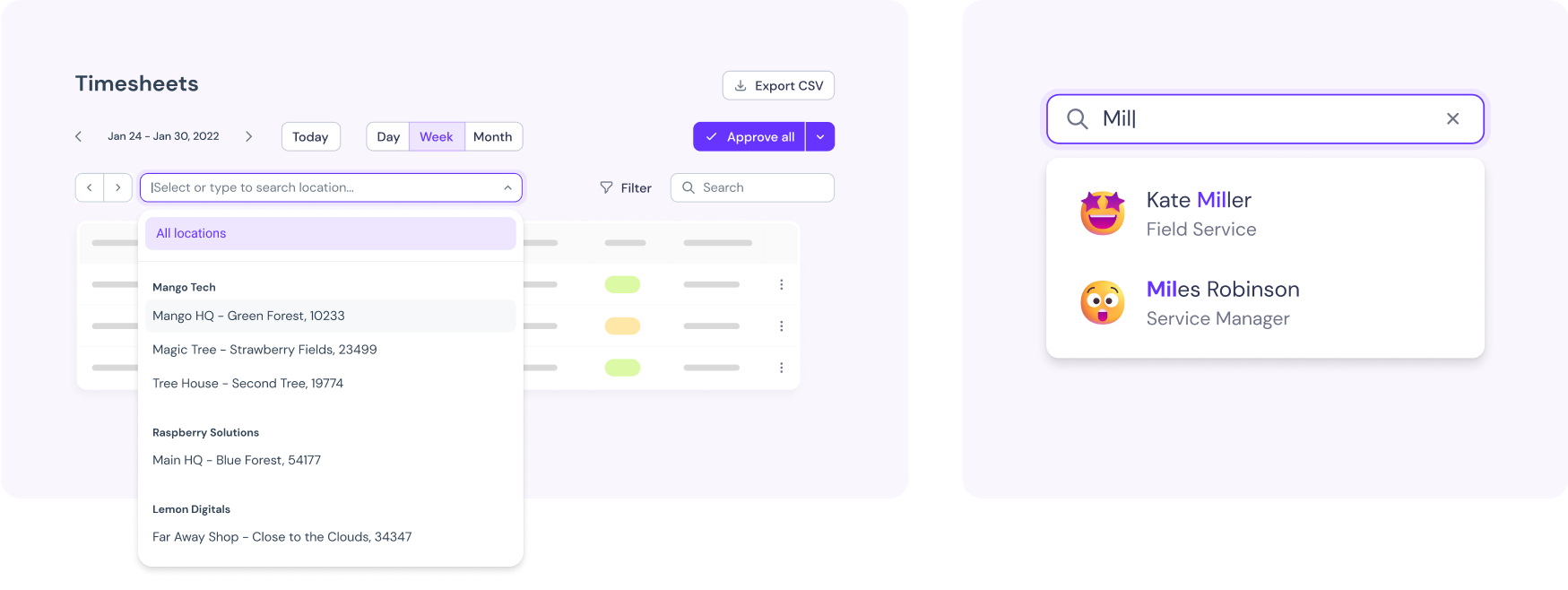 Examples illustrating the timesheet feature and user search behaviour.