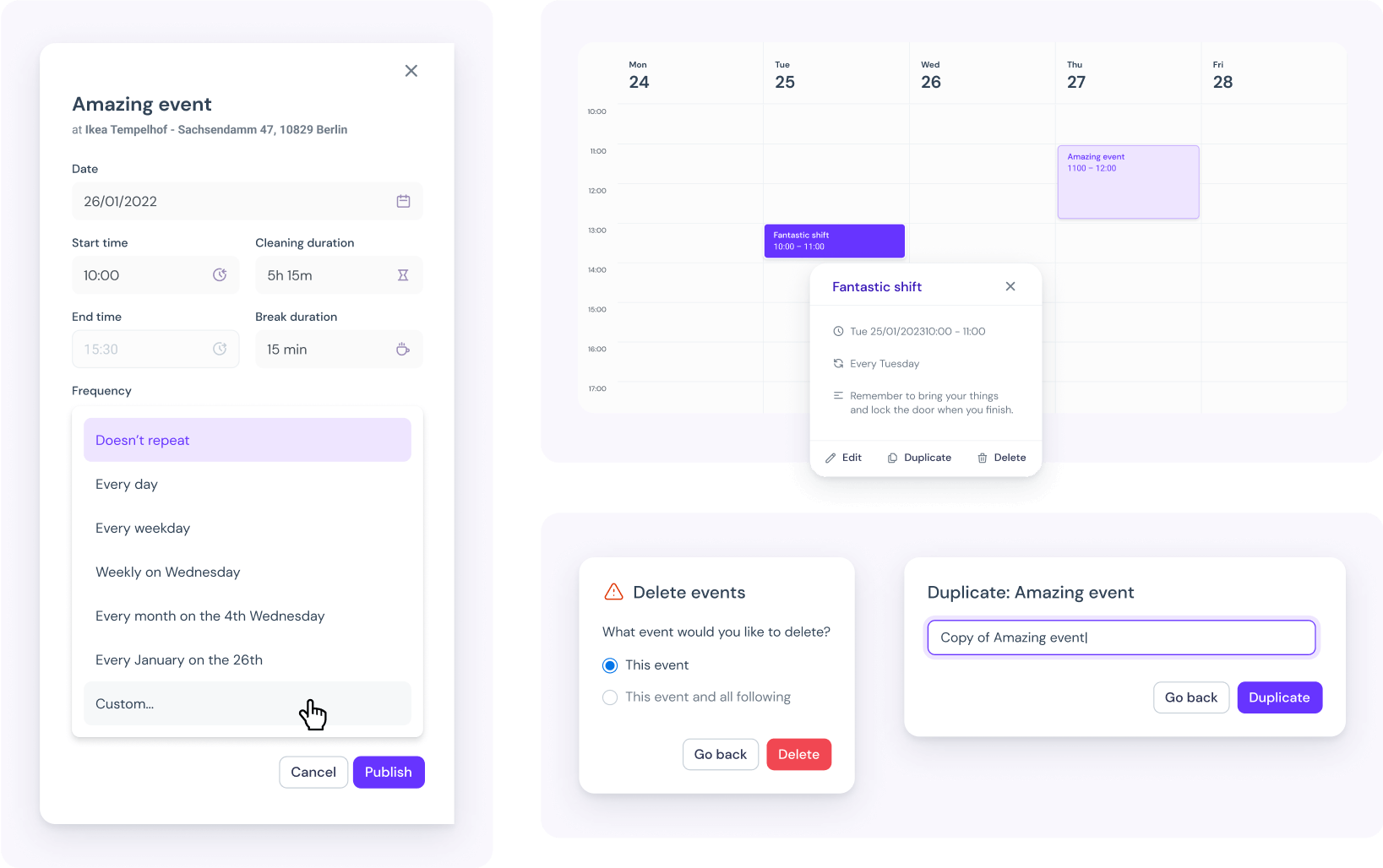 Examples illustrating the schedule feature on the web app.