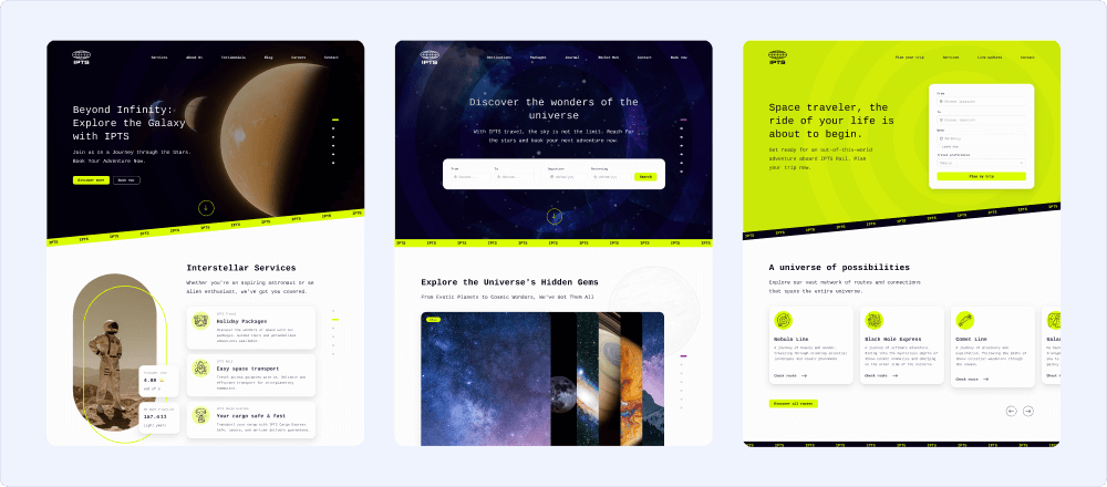 "Snapshot showcasing a portion of the three website designs side by side.