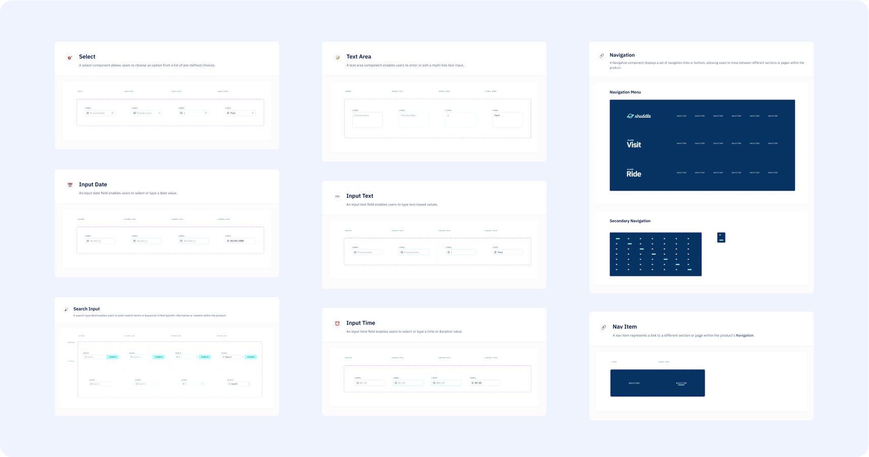 Snapshots of the final version of the Design System, including the select component, input fields (text, search, text area, time and date) and navigation components.