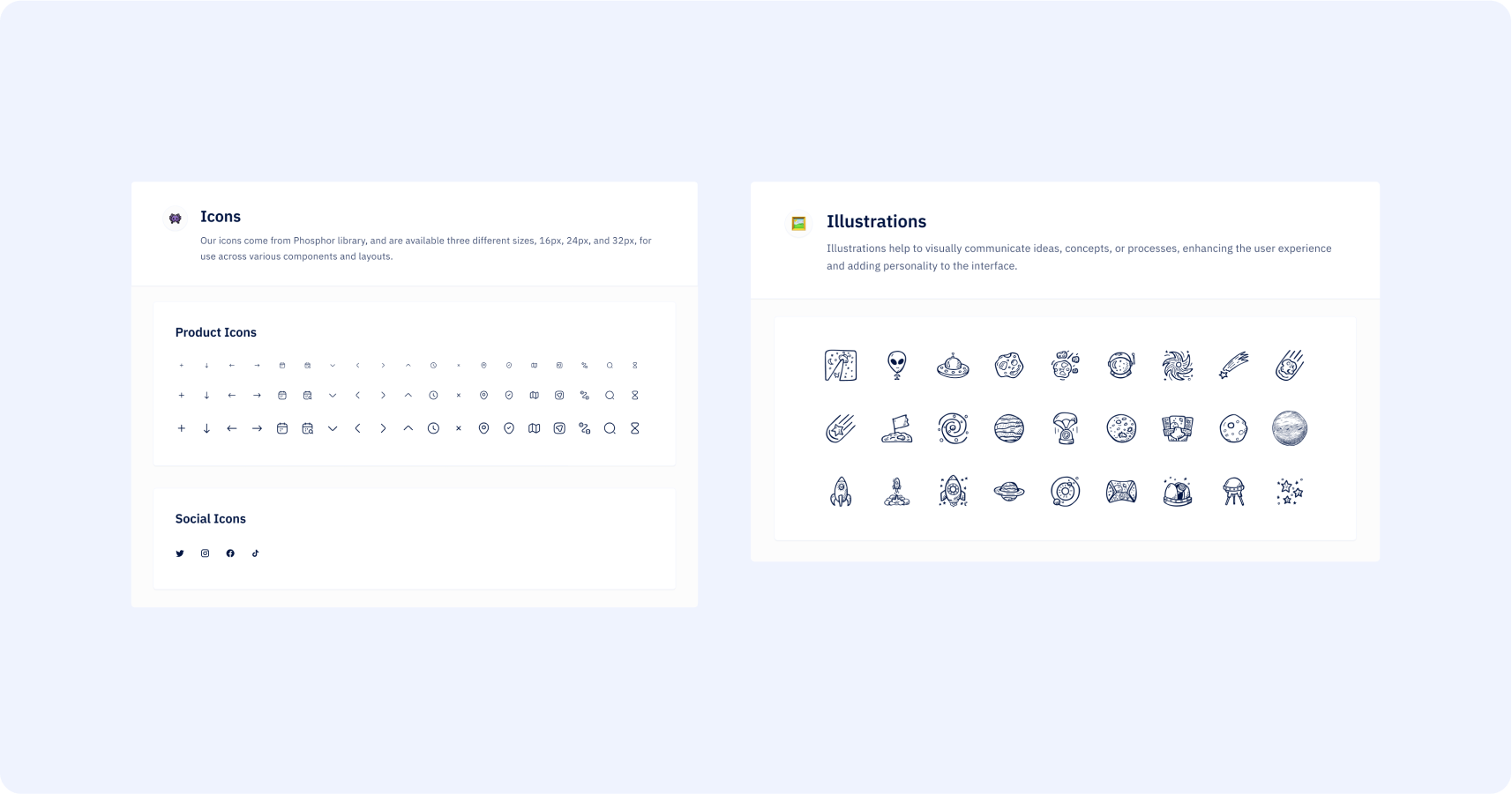 Snapshots of the final version of the Design System, showcasing the completed icon set and illustration library
