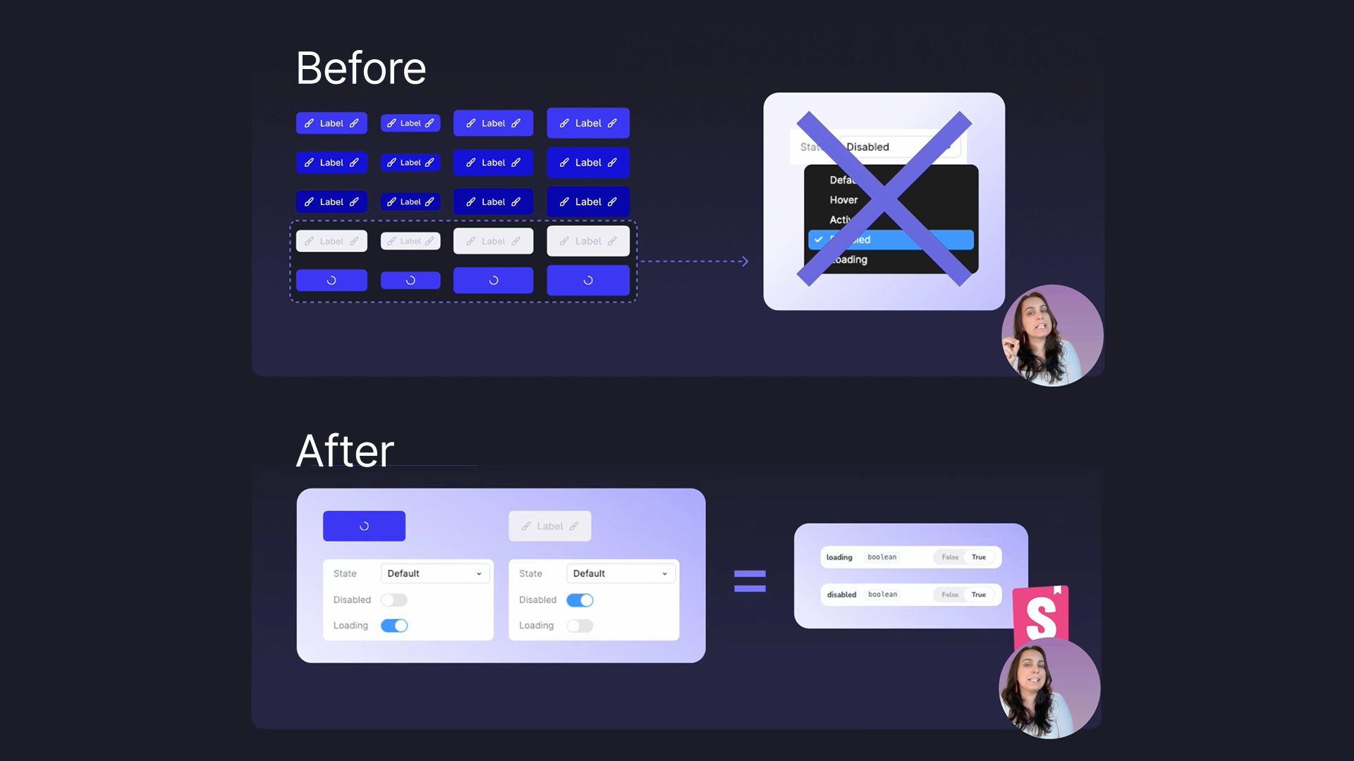 Before and after comparison showing Disabled and Loading as separate boolean toggles instead of values of a single State dropdown.