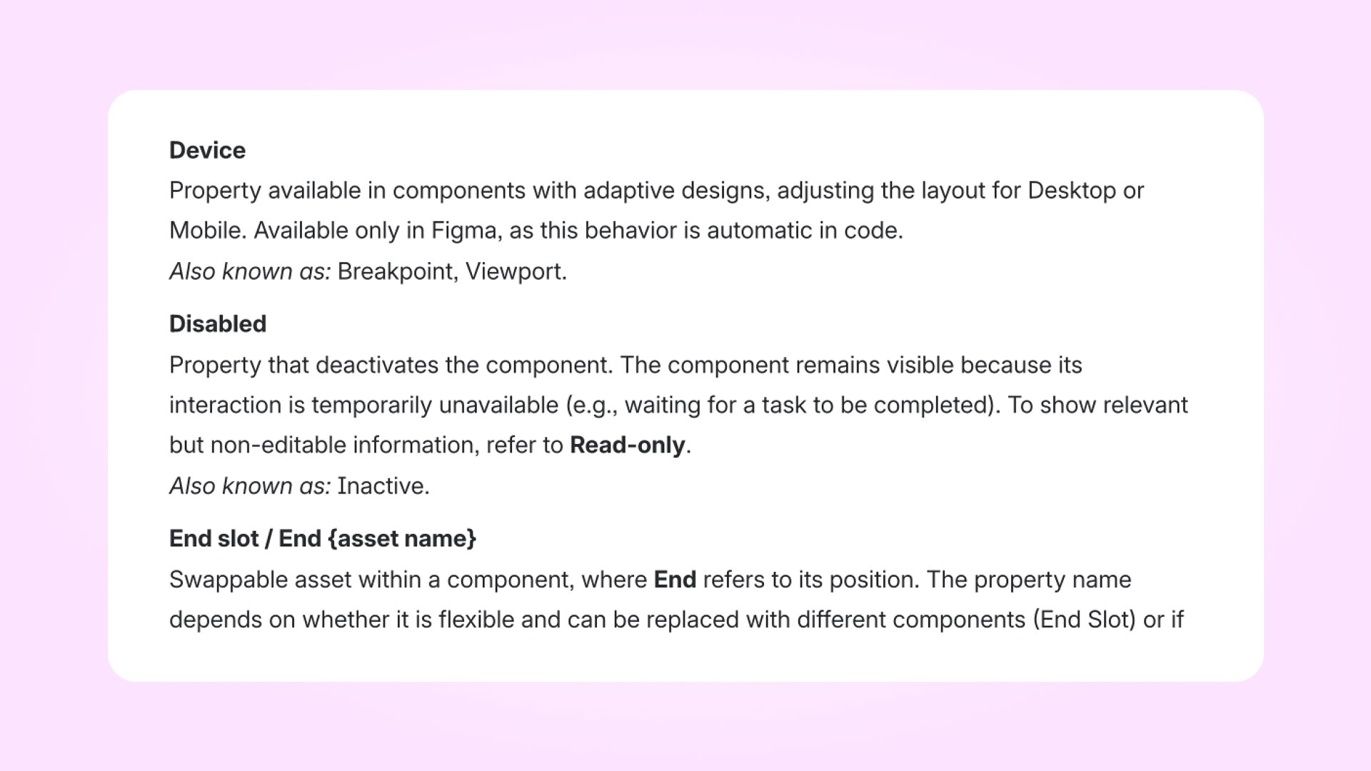 Glossary entries defining terms such as Device, Disabled, and End slot, documenting Figma and code terminology.