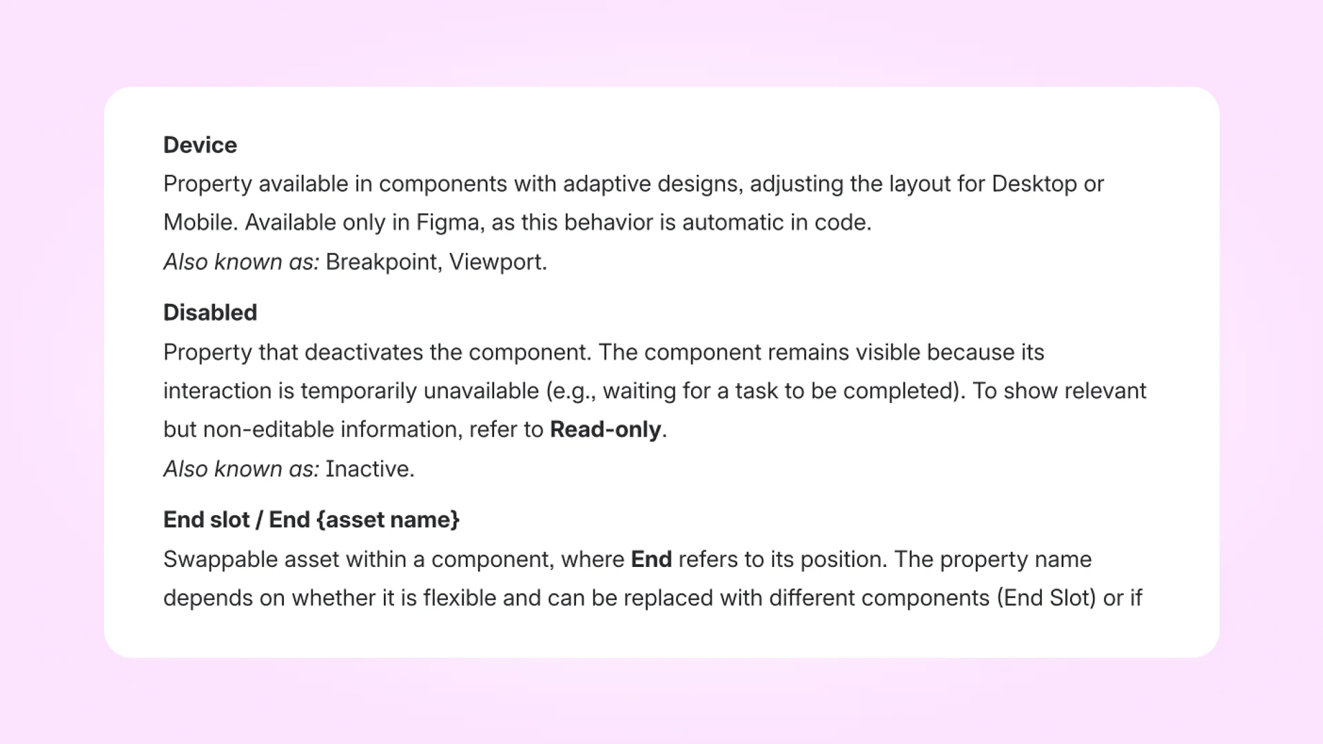 Glossary entries defining terms such as Device, Disabled, and End slot, documenting Figma and code terminology.