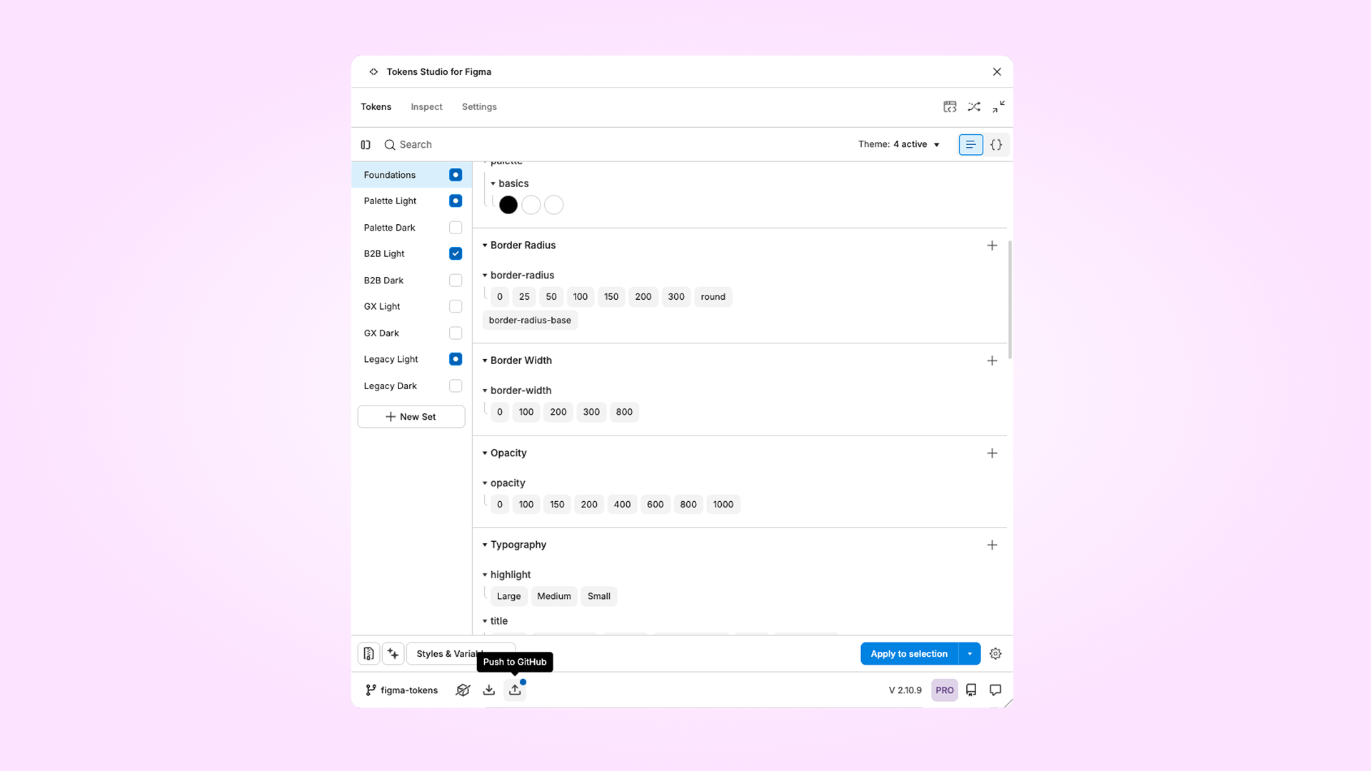Tokens Studio interface showing token sets and the Push to GitHub action.