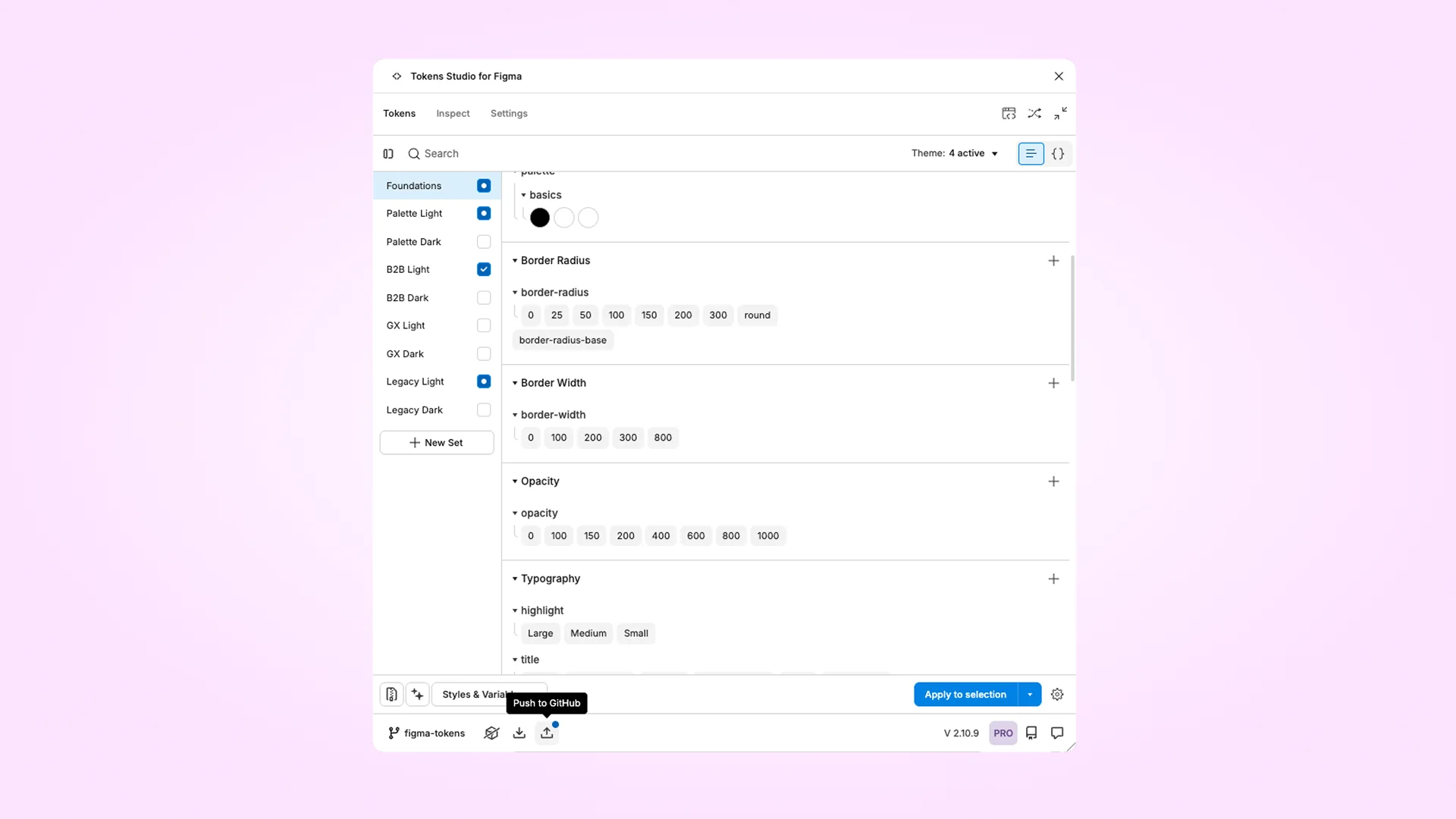 Tokens Studio interface showing token sets and the Push to GitHub action.