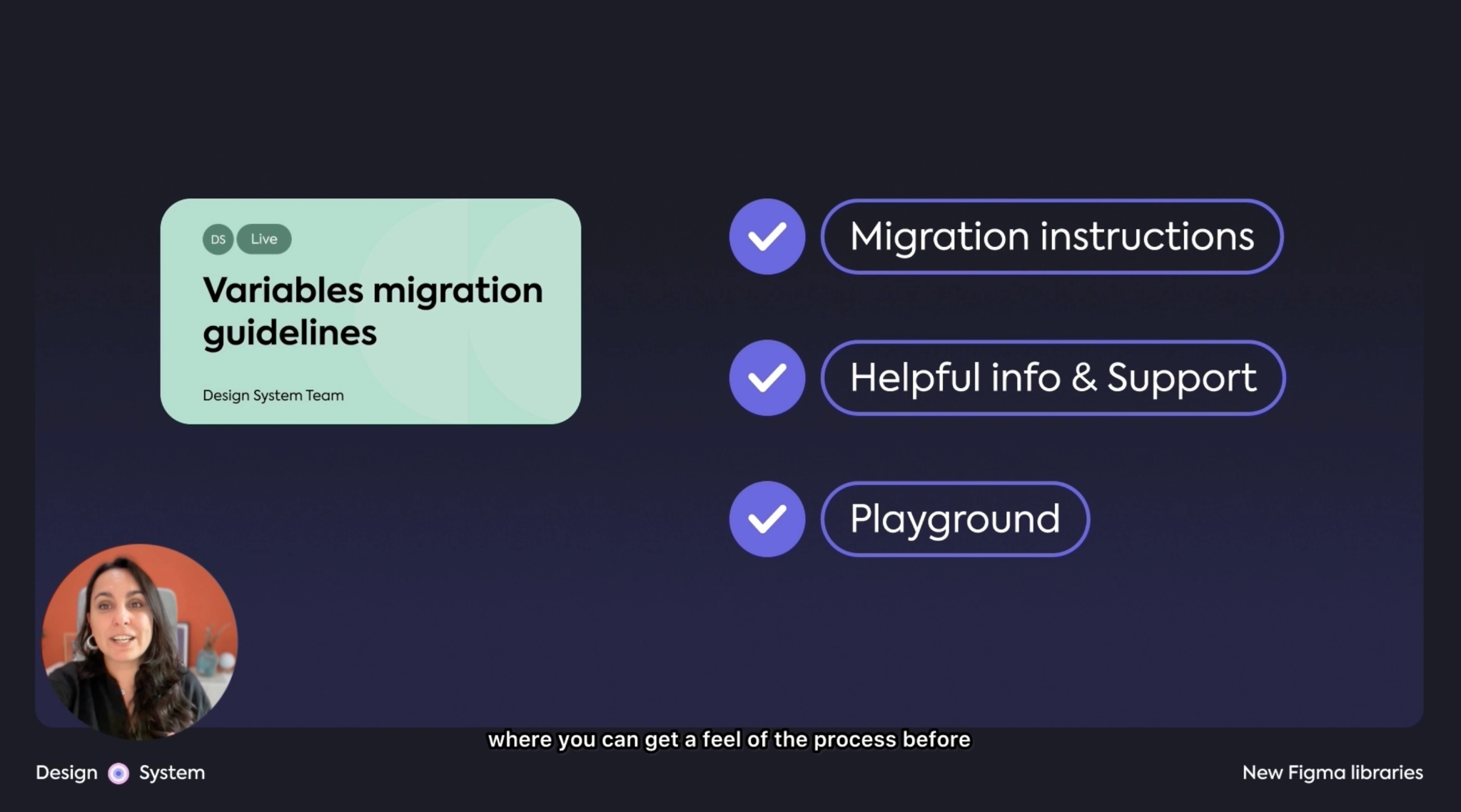 Migration guide slide listing Migration instructions, Helpful info & Support, and Playground.