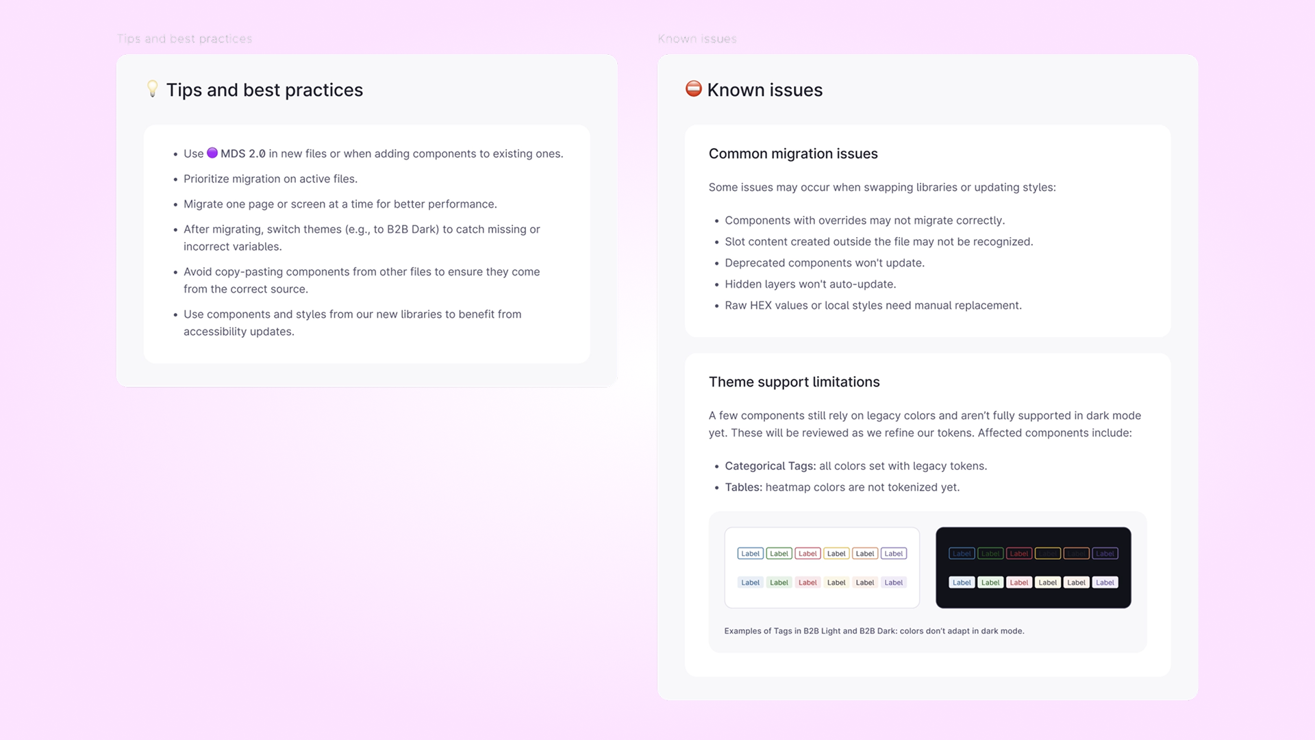 Tips and best practices alongside known migration issues and theme support limitations.
