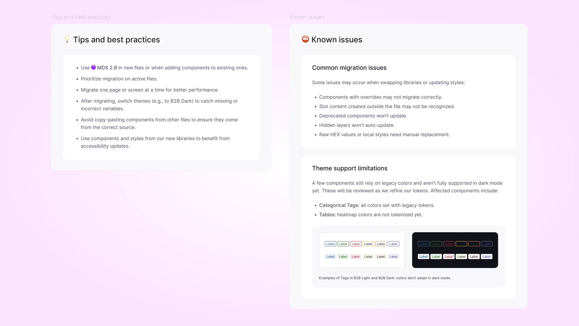 Tips and best practices alongside known migration issues and theme support limitations.
