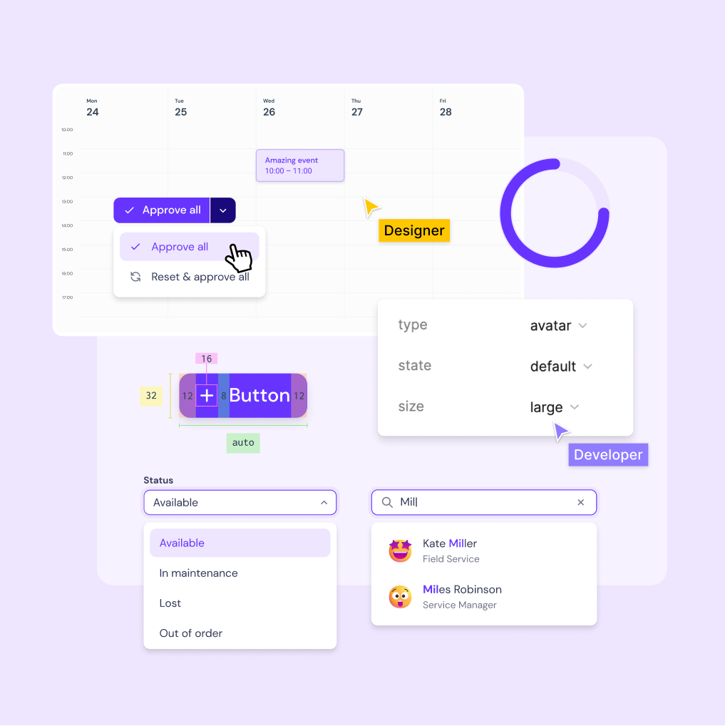 Cover image displaying illustrative elements of the Design System, including a calendar shot, a button anatomy example, a screenshot of component options on Figma, and a search input field.