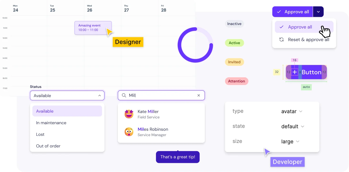 Cover image displaying illustrative elements of the Design System, including a calendar shot, a button anatomy example, a screenshot of component options on Figma, a search input field, an active split button, a select component, and examples of the chip component.