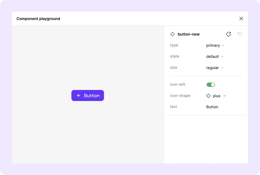 Screenshot of Figma displaying the Button component options, including type, state, size, icon preferences, and text customisation.