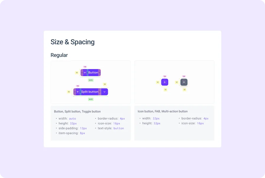 Snapshot of the Button Size & Spacing guidelines, showcasing properties such as width, height, spacing, border radius, and text styles for ensuring consistent sizing and spacing across button components.