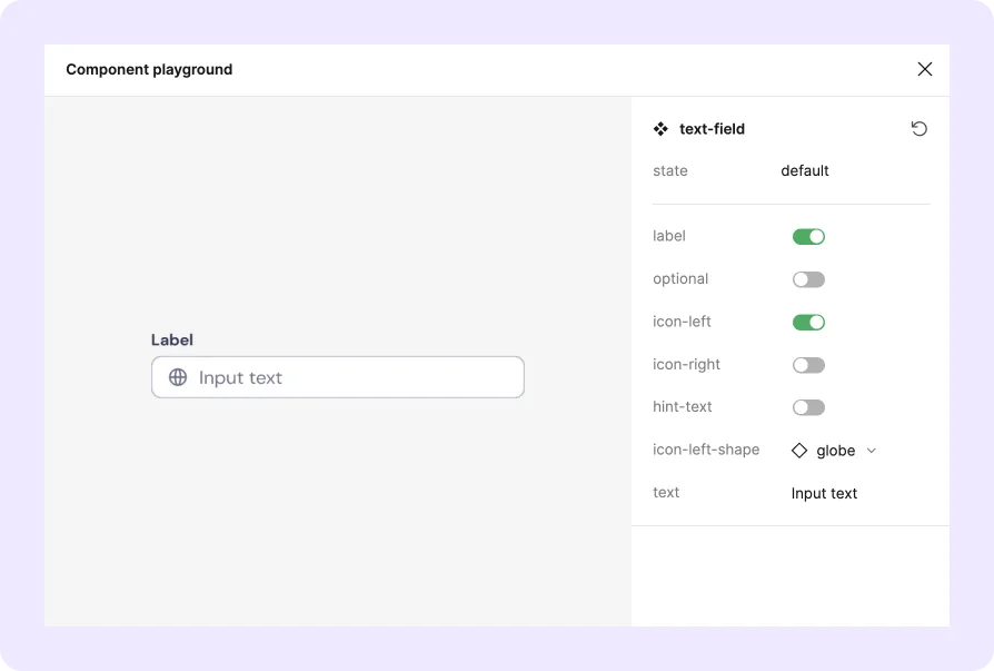 Screenshot of Figma displaying the Text Field component options, showcasing state variations, label visibility, optional indicator, icon preferences, hint text visibility, and text customisation.